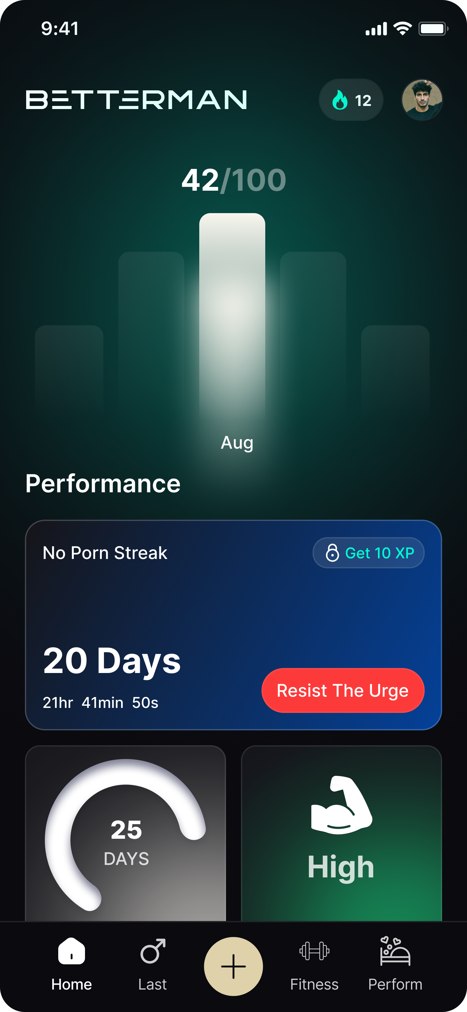 BetterMan app dashboard showing streak, kegel challenge and edging power